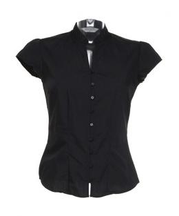 Womens Tailored Fit Mandarin Collar Blouse SSL / Kustom Kit KK727 L-Black